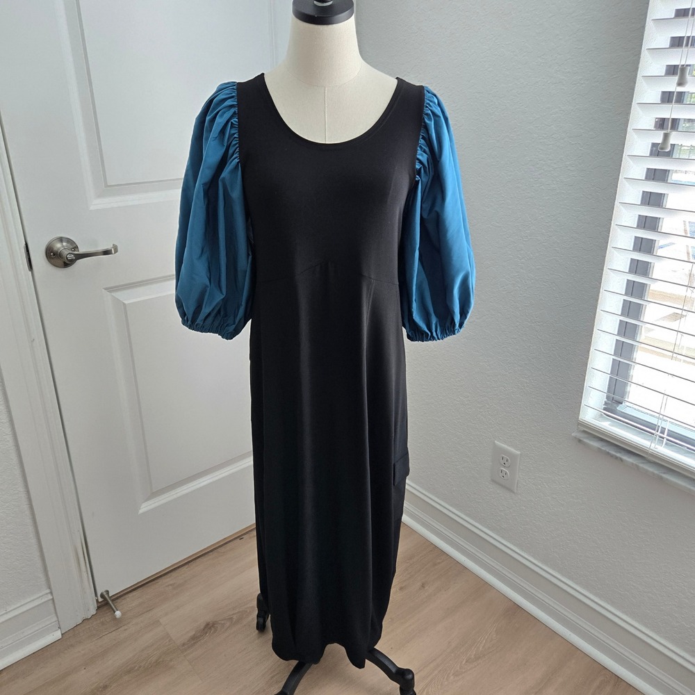 Sympli Black Blue Puff Sleeve Jersey Midi Dress Pockets Size 8 Made in Canada